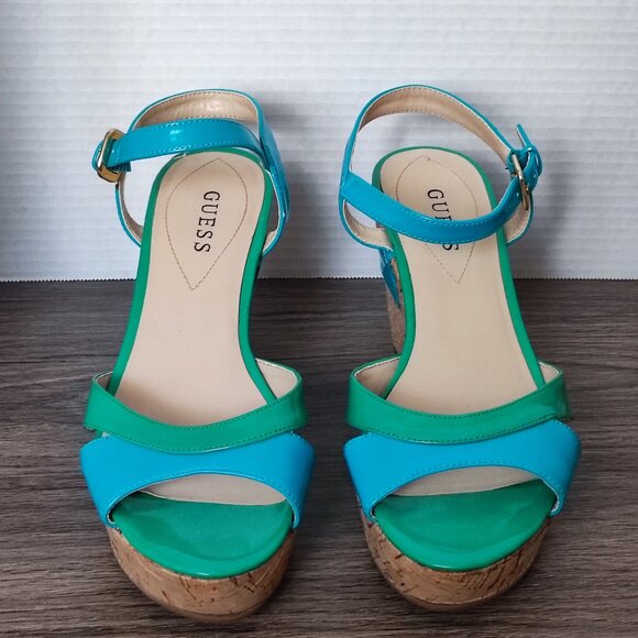 Guess wedge heel sandals blue & green cork sole women's size 8 ? - Picture 3 of 11